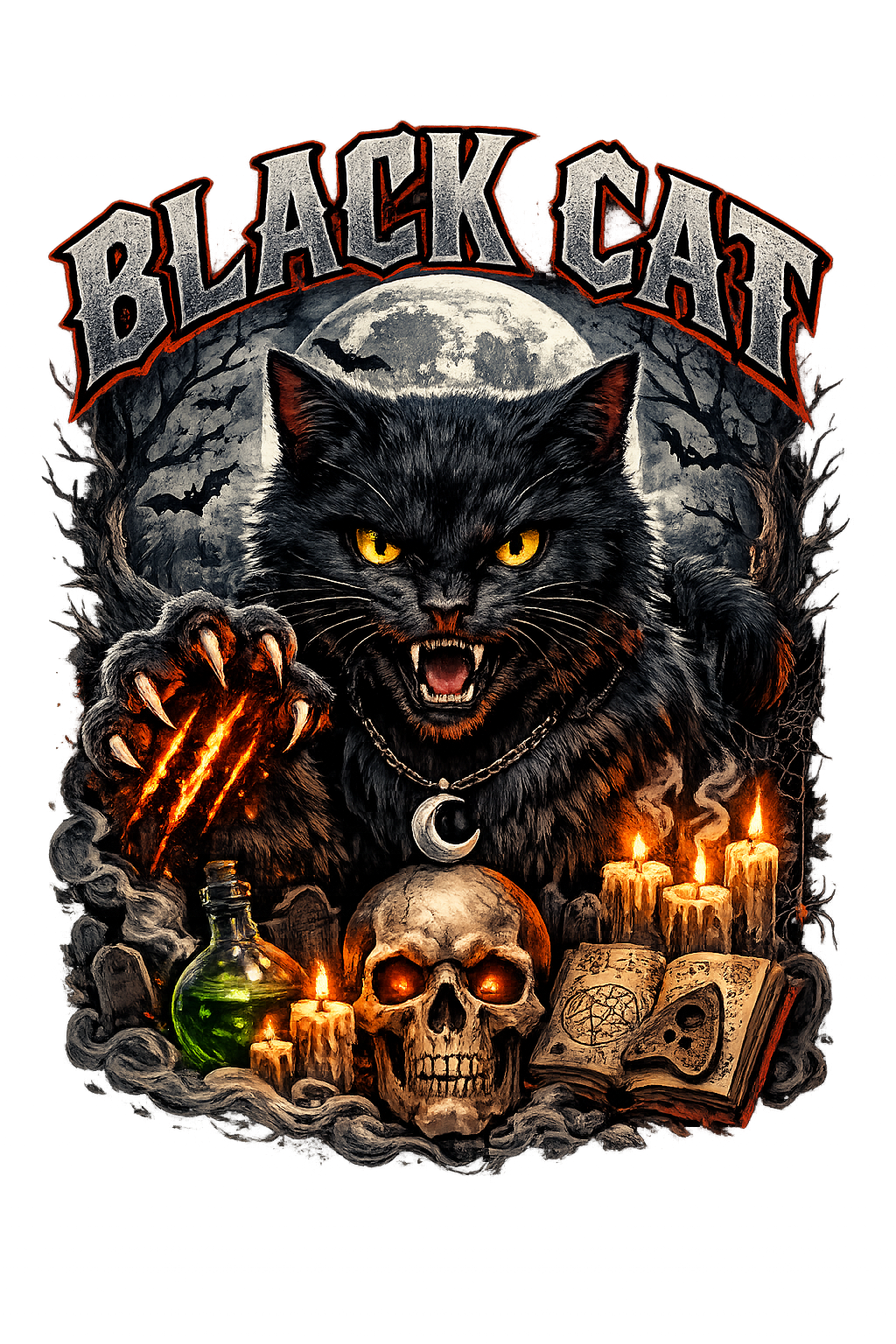 Black Cat Appreciation Day artwork with a black cat, moon, candles and orange accents