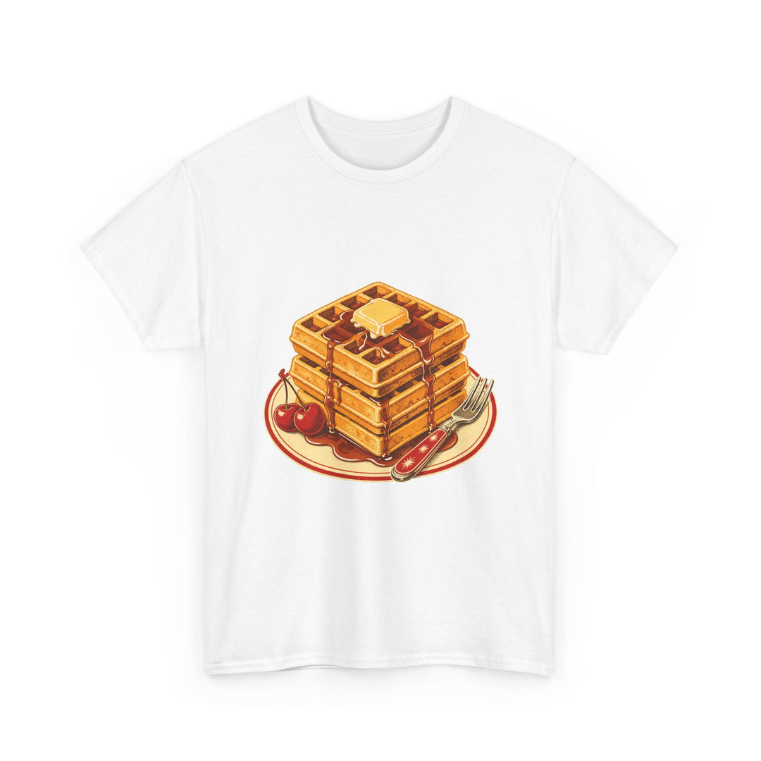 Waffle Stack T-Shirt — Retro Breakfast Tee with Syrup & Cherries