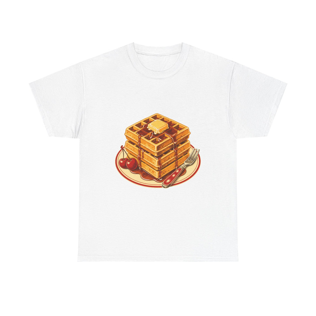 Waffle Stack T-Shirt — Retro Breakfast Tee with Syrup & Cherries